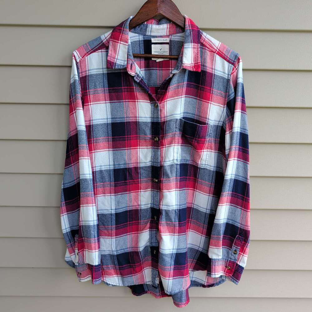 American Eagle Boyfriend Fit Flannel Shirt Womens XL Red Navy Plaid Soft